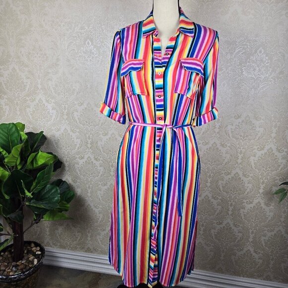 C Size Small Midi Length Multi Color Striped Dress Pockets Belt Button Front - Picture 8 of 13
